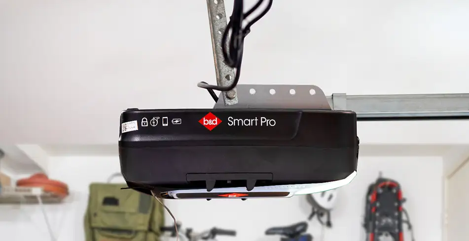 B&D Controll-A-Door Smart Pro sectional garage door opener mounted to a garage ceiling