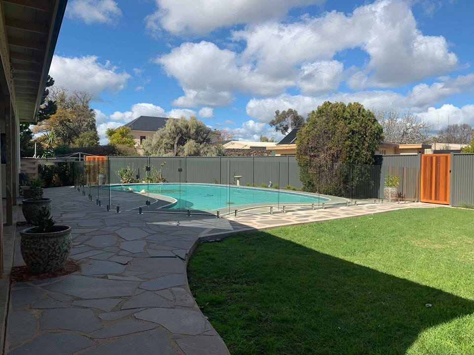 Completed backyard with frameless glass pool fencing, custom timber gates and Good Neighbour boundary fencing around a lawn